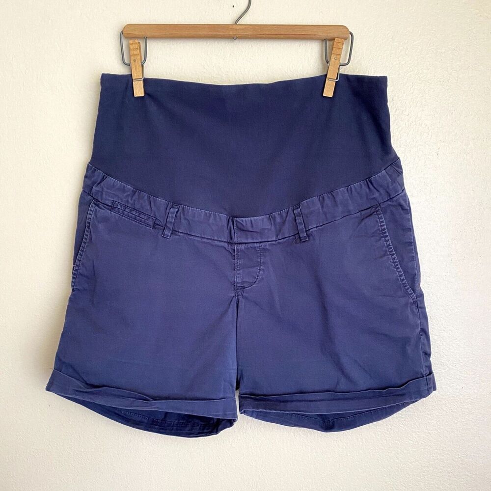 H&M Mama Size 14 Maternity Short Shorts Dark Blue Pockets Belt Loops Rolled Cuff